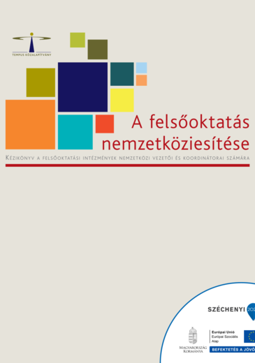 A felsőoktatás nemzetköziesítése kiadvány borítókép egyszínű háttér cím és színes négyzetek csoportja a bal sarokban