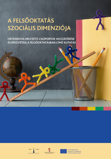A felsőoktatás szociális dimenziója kiadvány borítóképe a címmel támogatókkal és egy könyvre felmászó színes figurák kép