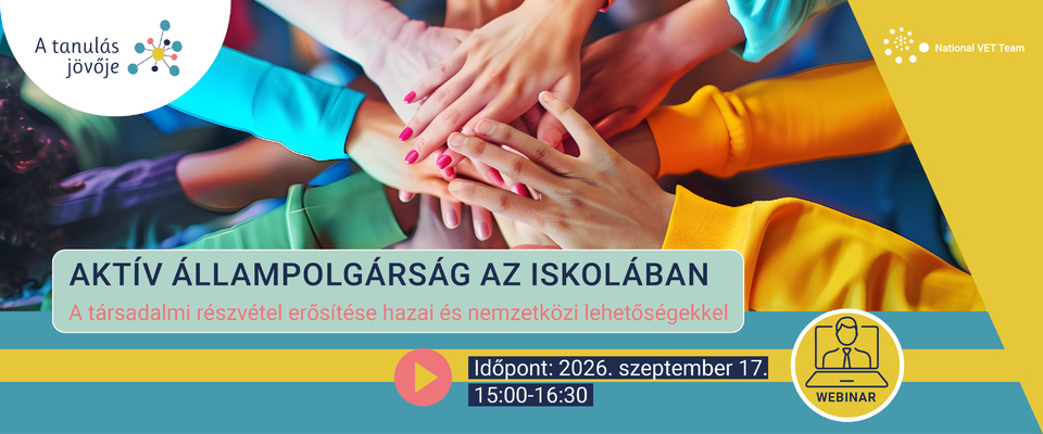 Ajánló grafika a Aktív állampolgárság az iskolában - A társadalmi részvétel erősítése hazai és nemzetközi lehetőségekkel című tartalomhoz.