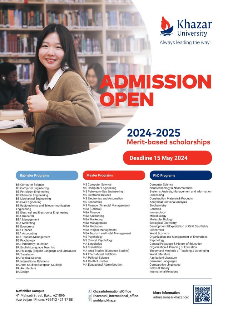 A Khazar University ösztöndíj felhívása egy mosolygó lánnyal és a képzési lehetőségek felsorolásával