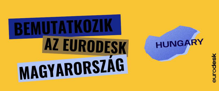Kék háttéren egy Eurodesk színeiben pompázó Magyarország ábra és az eurodesk logó