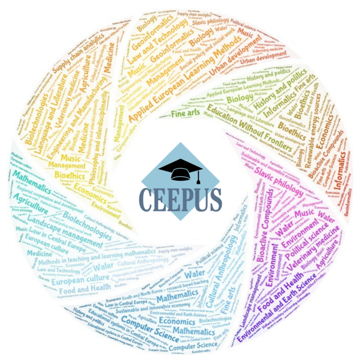 CEEPUS infografika szófelhű CEEPUS logóval és kapcsolódó szavakból összeállított gombolyaggal