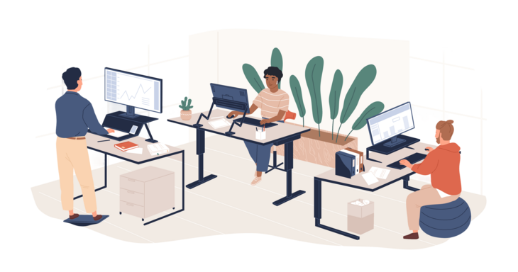 A digitális átállást szimbolizáló ábra ahol 3 egymástól külön asztalokon laptopokon dolgoznak emberek