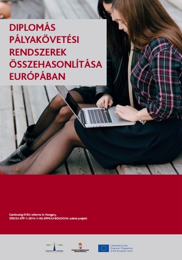 Diplomás pályakövetési rendszerek összehasonlítása Európában kiadvány borítóképe lépcsőn laptopozó lányok képével