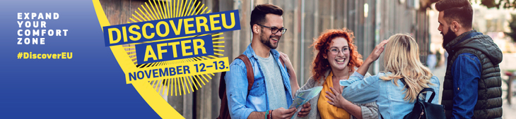 DiscoverEU after esemény beharangozója az esemény részleteivel és egy kép ahol négy fiatal beszélget az utcán