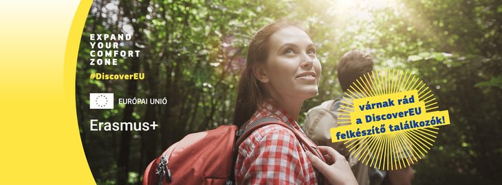 DiscoverEU felkészítő találkozó események promóciója egy kiránduló fiatal pár fotójával illusztrálva