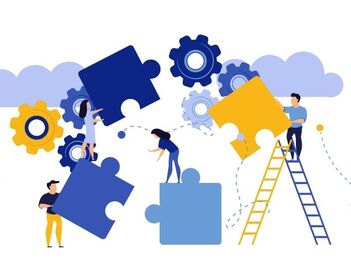 Grafikus ábrázolás ahol 3 emberke rak össze ember méretű puzzle darabokat