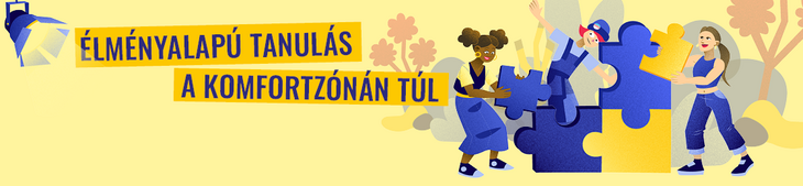 Élményalapú tanulás a komfortzónán túl műhelymunka bannerkép Sárga háttér grafikus emberalakok a rendezvény részleteivel