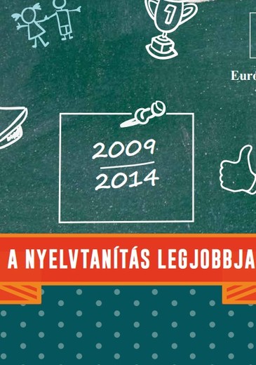 2009 2014 A nyelvtanítás legjobbjai kiadványborító a címmel és oktatással összefüggő fehér rajzolt grafikákkal