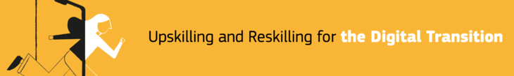 Upskilling and Reskilling for the Digital Transition bannerkép sárga háttérben számítógépbe menekülő rajzolt ember