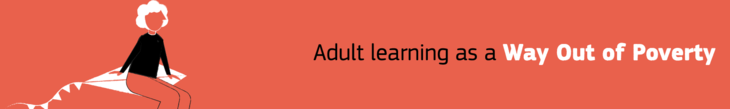 Adult Learning as a Way Out of Poverty bannerkép piros háttérben papírsárkányon ülő rajzolt ember