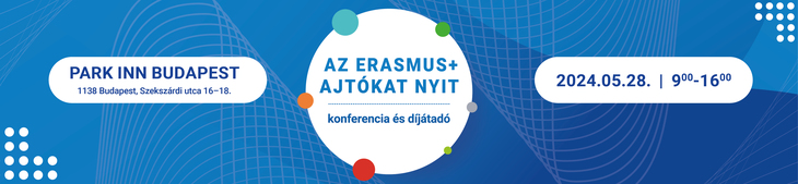 Az Erasmusplusz ajtókat nyit Konferencia és díjátadó bannerkék háttéren fehér körben az esemény neve címe és időpontja