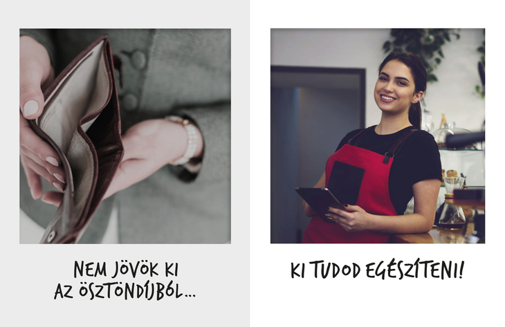 Anyagiak infografika Bal oldali képen egy üres pénztárca Jobb oldalt diákmunkával keresi a kiegészítő pénzt