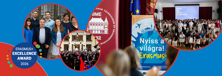 Collage banner for the Erasmusplus Excellence Award 2026 featuring BME graduation students and staff