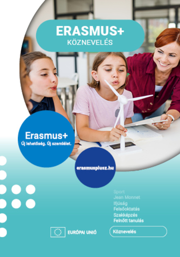 Erasmusplusz Köznevelés Leporello borítóképe a kiadvány címével logókkal és egy tanár és 2 kisdiák fotójával