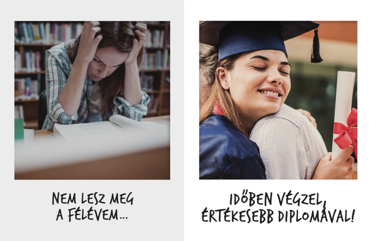 Lemaradás infografika Bal oldali képen aggódó fiatal görnyed a könyvei fölött Jobbra mosolyogva veszi át diplomáját