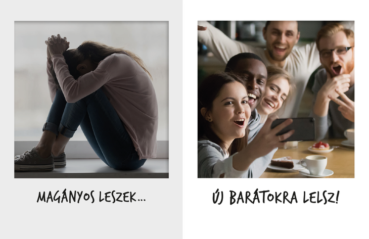 Magány infografika Bal oldali képen magányos fiatal Jobb oldalon már társaságban másokkal együtt szórakozik
