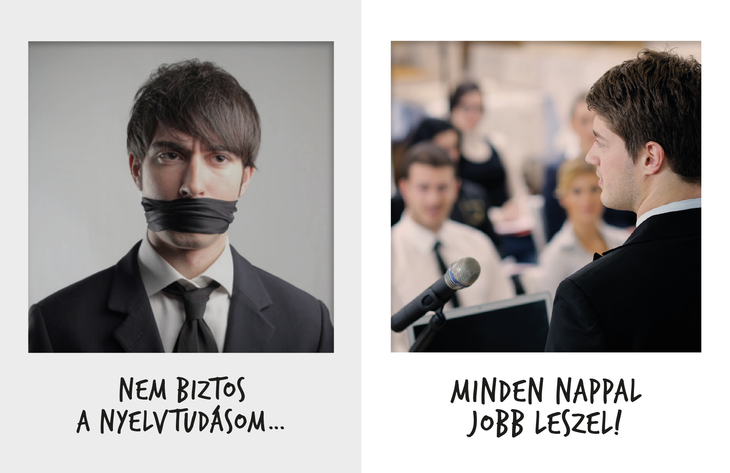 Nyelvtudás infografika Bal oldali képen egy beragasztott szájú fiatal Jobb oldalt már magabiztosan tart előadást