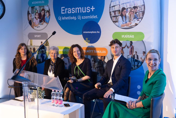 Erasmus Reloaded esemény képe az erasmusplusz plakát alatt ülő résztvevőkkel