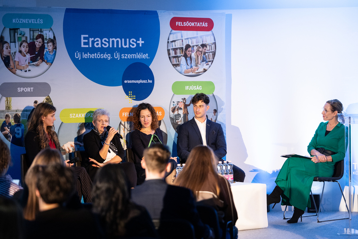 Erasmus Reloaded esemény képe az erasmusplusz plakát alatt ülő résztvevőkkel