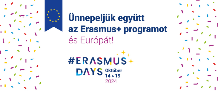 Erasmus Napok logó fehér háttérrel konfettikkel kék betűszínnel