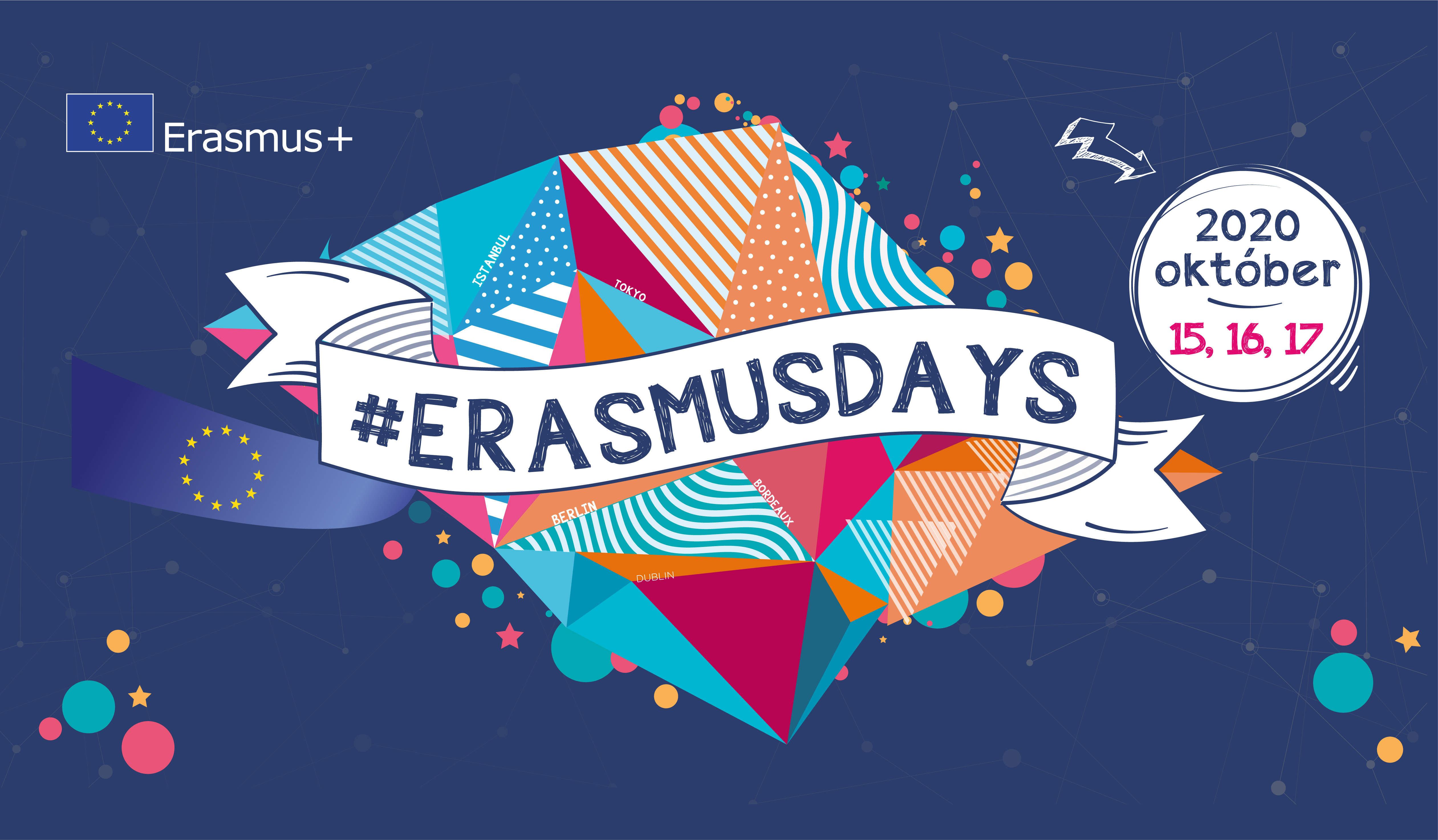 ErasmusDays 2020 borítóképe kék háttéren nonfiguratív design elemekkel logóval és az esemény időpontjával