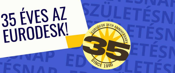 Kék háttéren a 35 év és az eurodesk kiemelve