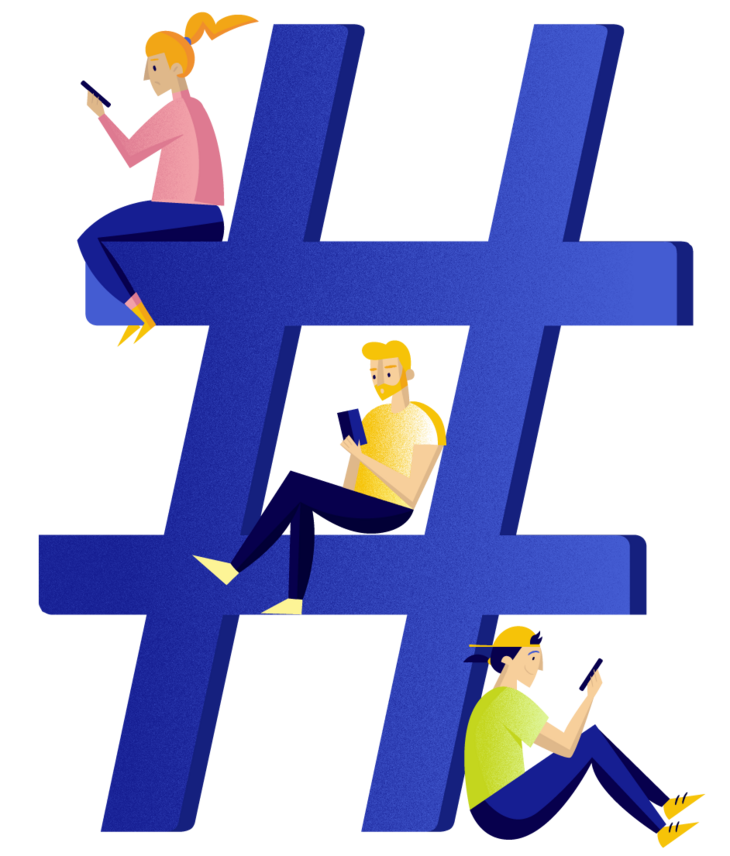 Eurodesk illusztráció egy hashtag jelen ül 3 ember akik a telefonjukat nézik