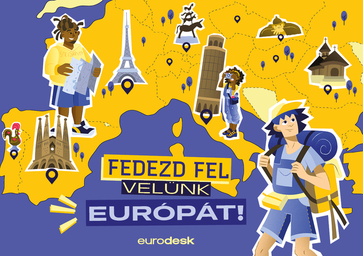 Eurodesk fedezd fel vel&uuml;nk Eur&oacute;p&aacute;t c&iacute;mű leporello bor&iacute;t&oacute;k&eacute;p