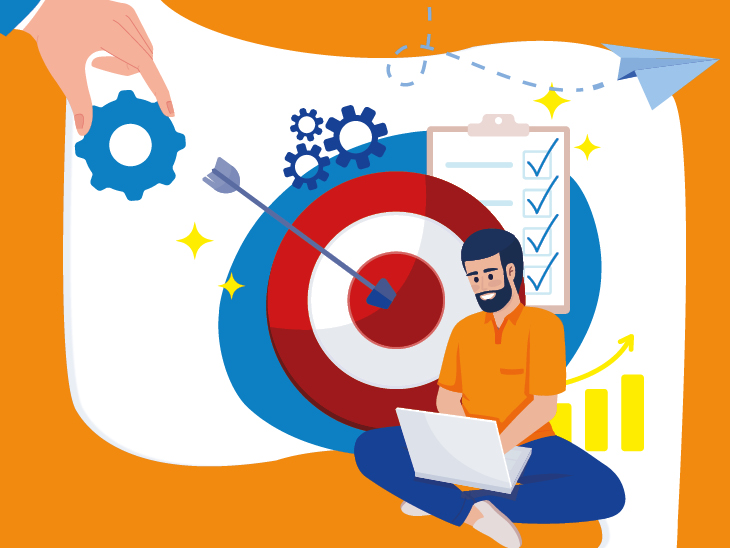 Naracssárga háttéren látszik grafikus ábrákkal ahogy egy férfi ül laptoppal a kezében egy célkereszt mellett