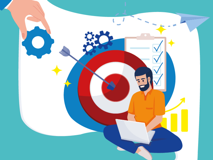 Kék háttéren látszik grafikus ábrákkal ahogy egy férfi ül laptoppal a kezében egy célkereszt mellett