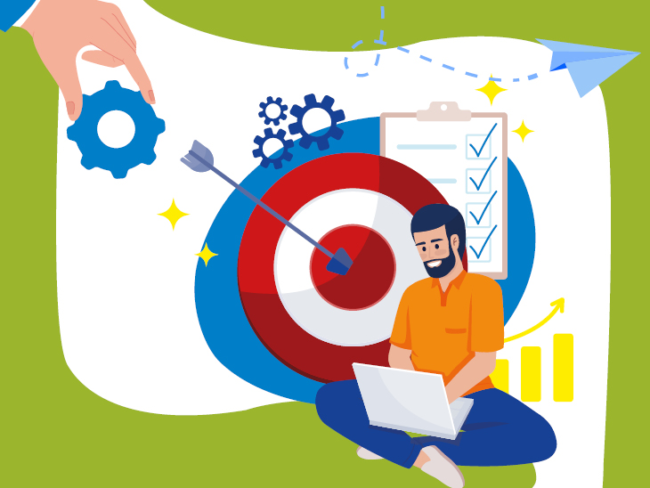 Zöld háttéren látszik grafikus ábrákkal ahogy egy férfi ül laptoppal a kezében egy célkereszt mellett