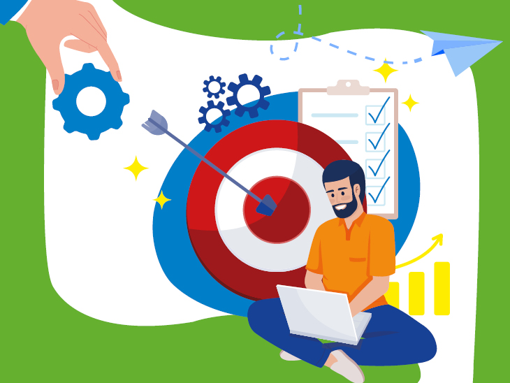 Zöld háttéren látszik grafikus ábrákkal ahogy egy férfi ül laptoppal a kezében egy célkereszt mellett