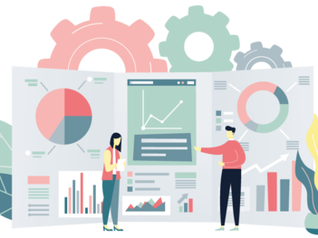 Grafikus ábrázolással egy nagy infografikákkal tűzdelt leporello előtt áll 2 ember es elemzik az adatokat