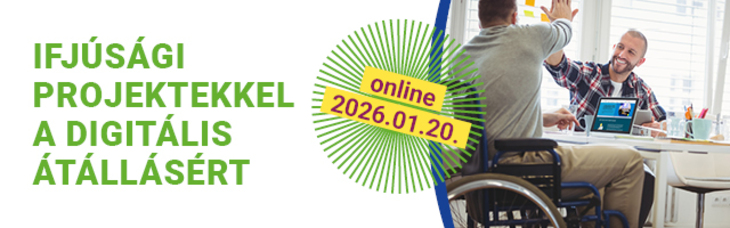 Ifjúsági projektekkel a digitális átállásért 2026 bannerképén két fiatal férfi pacsizik