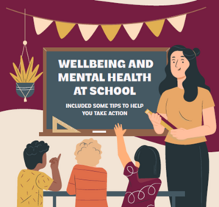 Pedag&oacute;gus h&aacute;rom di&aacute;knak mutatja a t&aacute;bl&aacute;n &aacute;ll&oacute; feliratot J&oacute;ll&eacute;t &eacute;s ment&aacute;lis eg&eacute;szs&eacute;g az iskol&aacute;ban