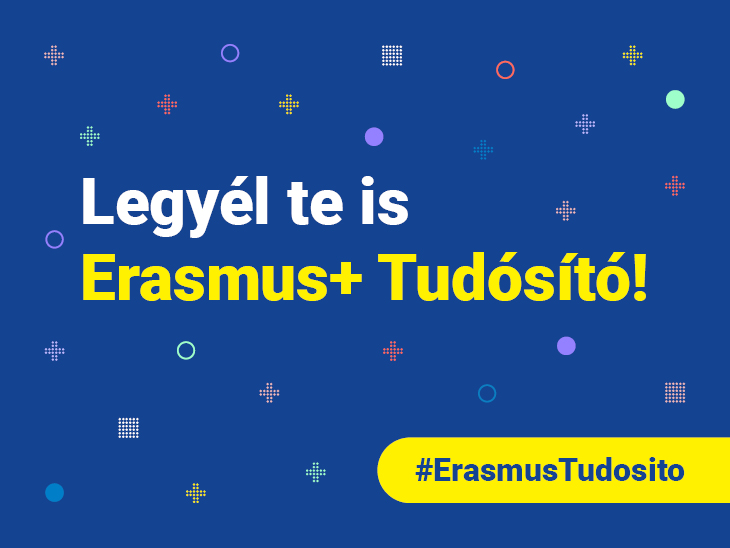 Legyél Te is Erasmusplusz Tudósító 22 coverkép kék háttéren a felhívás kis ikonokkkal díszítve