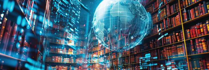 Futurisztikus f&ouml;ldg&ouml;mb lebeg egy k&ouml;nyvt&aacute;rban