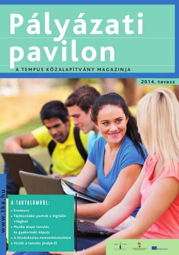 Pályázati Pavilon 2014 tavasz borítóképe egymással beszélgető felnőttek képeivel és a cikkek címeinek feltüntetésével