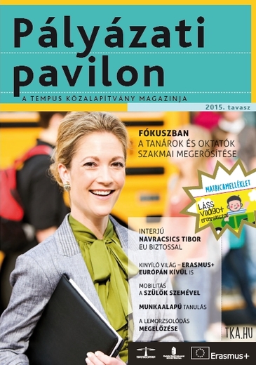 Pályázati Pavilon 2015 tavasz borítóképe egy mosolygó üzletasszony képével és a benne szereplő cikkek címeivel