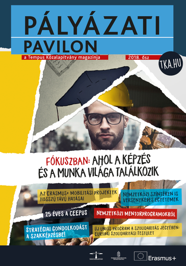 Pályázati Pavilon 2018 ősz borítóképe egy férfi fotómontázsával és kiemelt cikkek címeivel