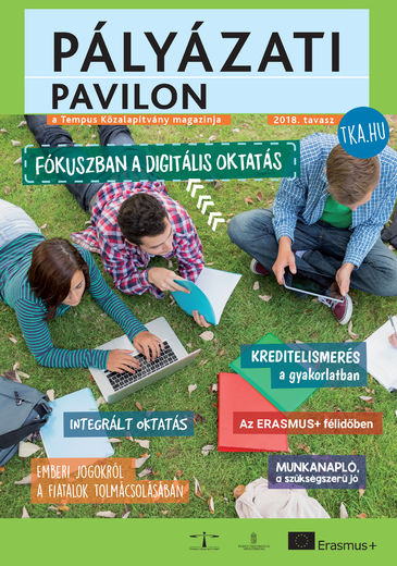 Pályázati Pavilon 2018 tavasz borítóképe fűben fekvő és ülő fiatalok képével és a kiemelt cikkek címeivel