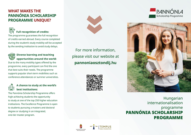 Pannónia ösztöndíjprogram leporello első oldala angol nyelven az ösztöndíjprogram legfontosabb részleteivel 