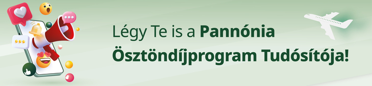 Légy te is a Pannónia Ösztöndíjrogram Tudosítója felirat zöldes háttér előtt színes kommunikációs emojikkal díszítve