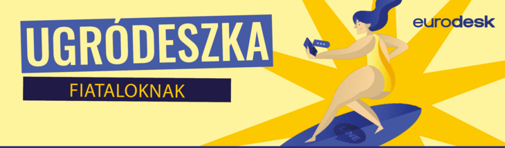Ugródeszka hírlevél feliratkozásra biztató grafika a hírlevél címével és egy szörföző női alakkal