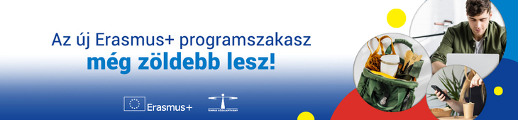 Kék háttéren Az új Erasmus programszakasz még zöldebb lesz felirattal és környezetvédelemre utaló kis képekkel bannerkép